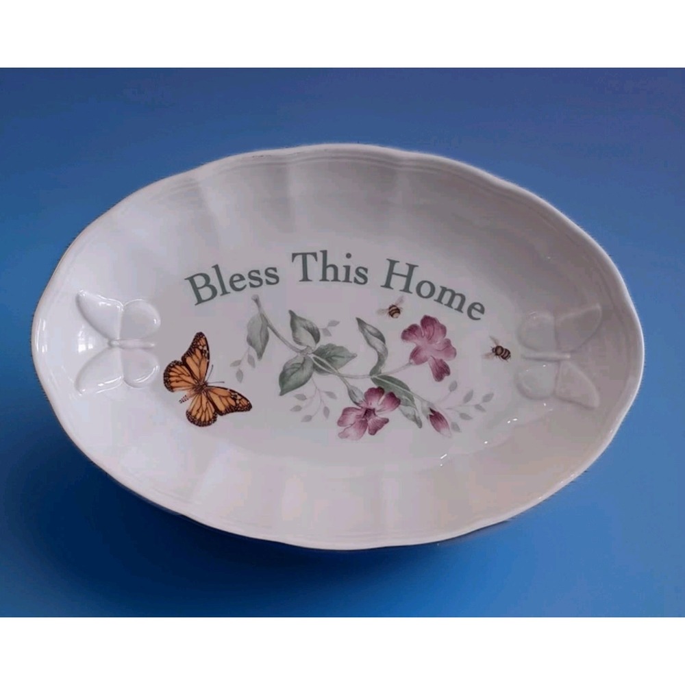 Lenox Butterfly Meadow Bless This Home Bread Tray Oval Dish 11" Cottagecore Bowl